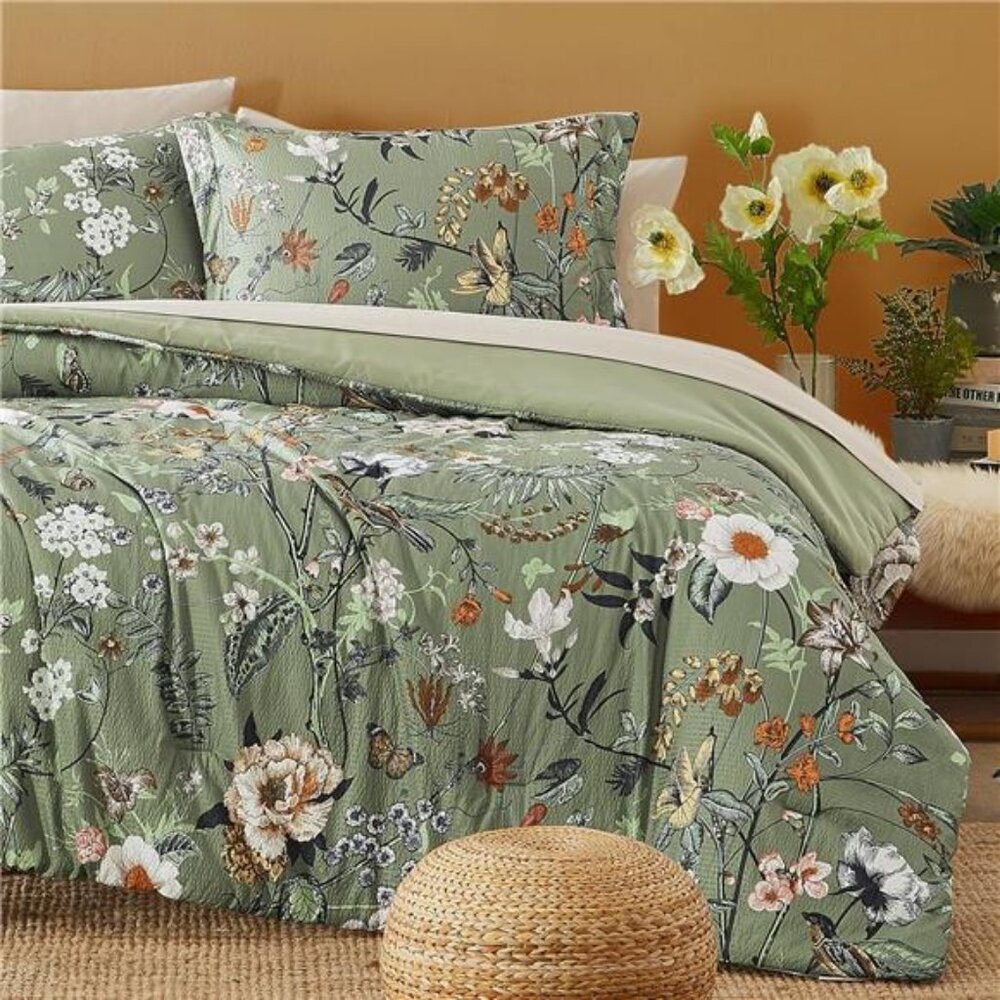 King Size Comforter Set, 7 PCS Green Floral Comforter Set